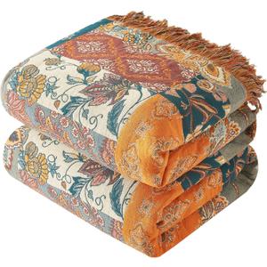 Bailix Boho Throw Blanket for Couch Sofa Bed, 100% Cotton Woven Quilt with Tassel 60x80, Super Soft Muslin Blanket with Floral Printed, Decorative Reversible Bed Blanket/Cover for All Seasons