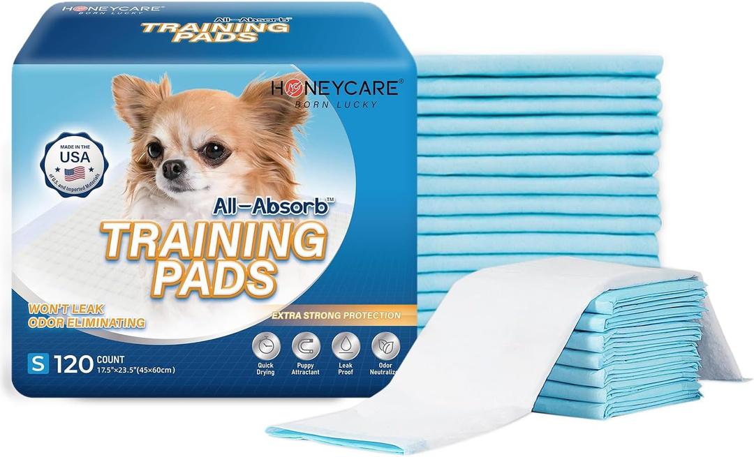 Honey Care All-Absorb, Small 17.5" x 23.5", 120 Count, Dog and Puppy Training Pads, Ultra Absorbent and Odor Eliminating, Leak-Proof 5-Layer Potty Training Pads with Quick-Dry Surface, Blue, A05