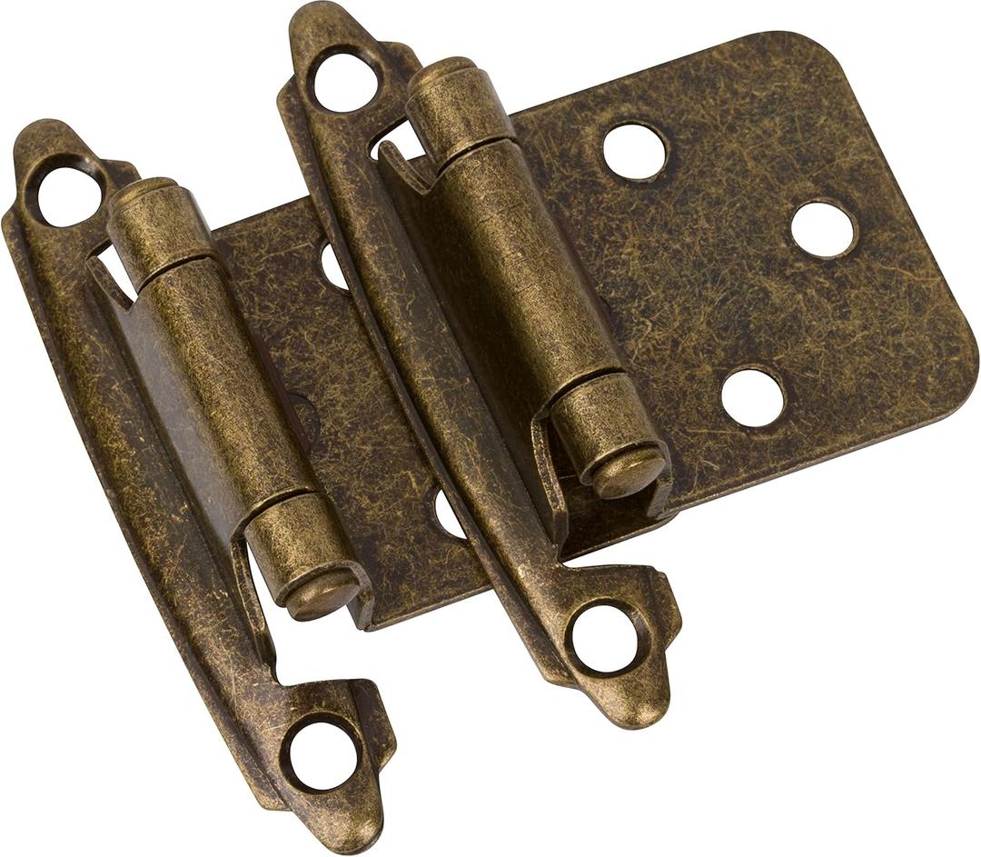 DecoBasics Antique Brass Cabinet Hinges for Kitchen Cabinets (25 Pair -50 Pcs) -1/2" Overlay (Variable) -Self Closing Kitchen Cabinet Hinges Flush Mount w/Silicon Bumpers & Upgraded Screws