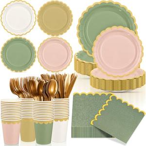 Mimorou 169 Pcs Sage Green and Pink Plates and Napkins Party Supplies Green and Rose Gold Tableware Include Scalloped Plates Paper Napkin Cup Spoon Fork Knife for Baby Shower, Wedding, Birthday