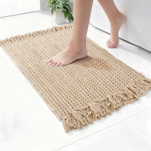 CozeForm Waffle Bath Mat, Super Absorbent Waffle Bathroom Rug with Tassels, Non Slip Bath Mats for Bathroom Floor, Ultra Soft Boho Bath Mat, Quick Dry Shower Mat, Machine Washable, 24"×36", Khaki