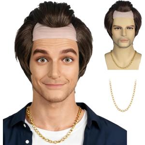 Short Brown Balding Man Cap Receding Hairline Synthetic Funny Costumes Wig with Gold Chain