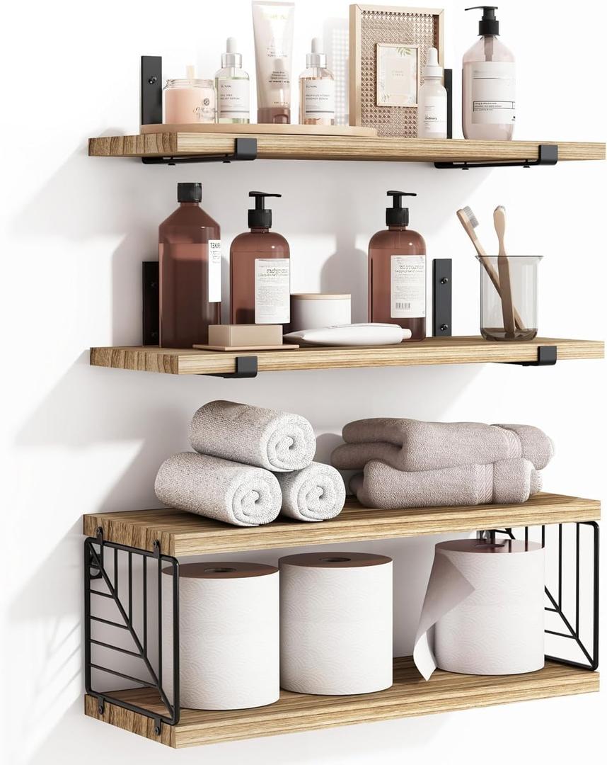 Fixwal 3+1 Tier Bathroom Floating Shelves Over Toilet, 15.8in Farmhouse Rustic Wood Shelves, Wall Decor for Bathroom, Living Room,Bedroom and Kitchen (Rustic Brown)