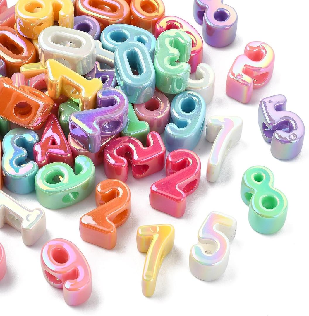 KitBeads 50Pcs Mixed Styles Large Hole Iridescent Acrylic Numbers Bead UV Plated Number Shaped Beads for Jewelry Making DIY Necklaces