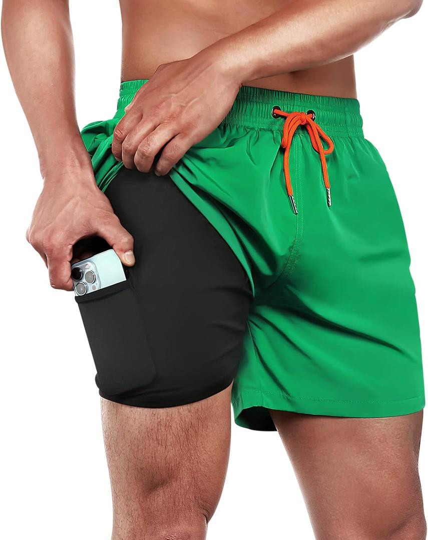 BRISIRA Mens Swim Trunks Swim Shorts Quick Dry 5 inch Inseam Beach Shorts with Compression Liner and Zipper Pocket (36, Green)