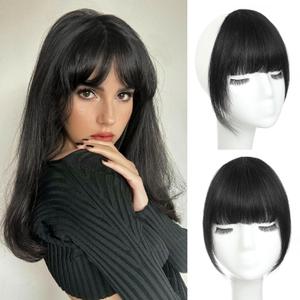 Clip in Bangs 100% Real Human Hair Natural Black French Bangs Fringe with Temples Thick Curtain Bangs Clip on Bangs Curved Fake Bangs Hairpieces for Women for Daily Wear