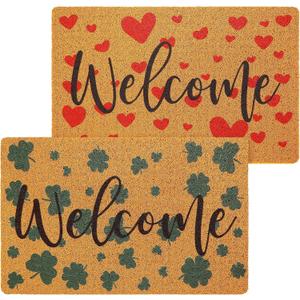 2 Pcs Welcome Doormat Set Shamrock Hearts Imitation Coconut Coir Door Mat Valentines Day St. Patrick's Day Welcome Rug Outdoor Entrance Non Slip Mat for Porch Entry Staircase Bathroom Decor