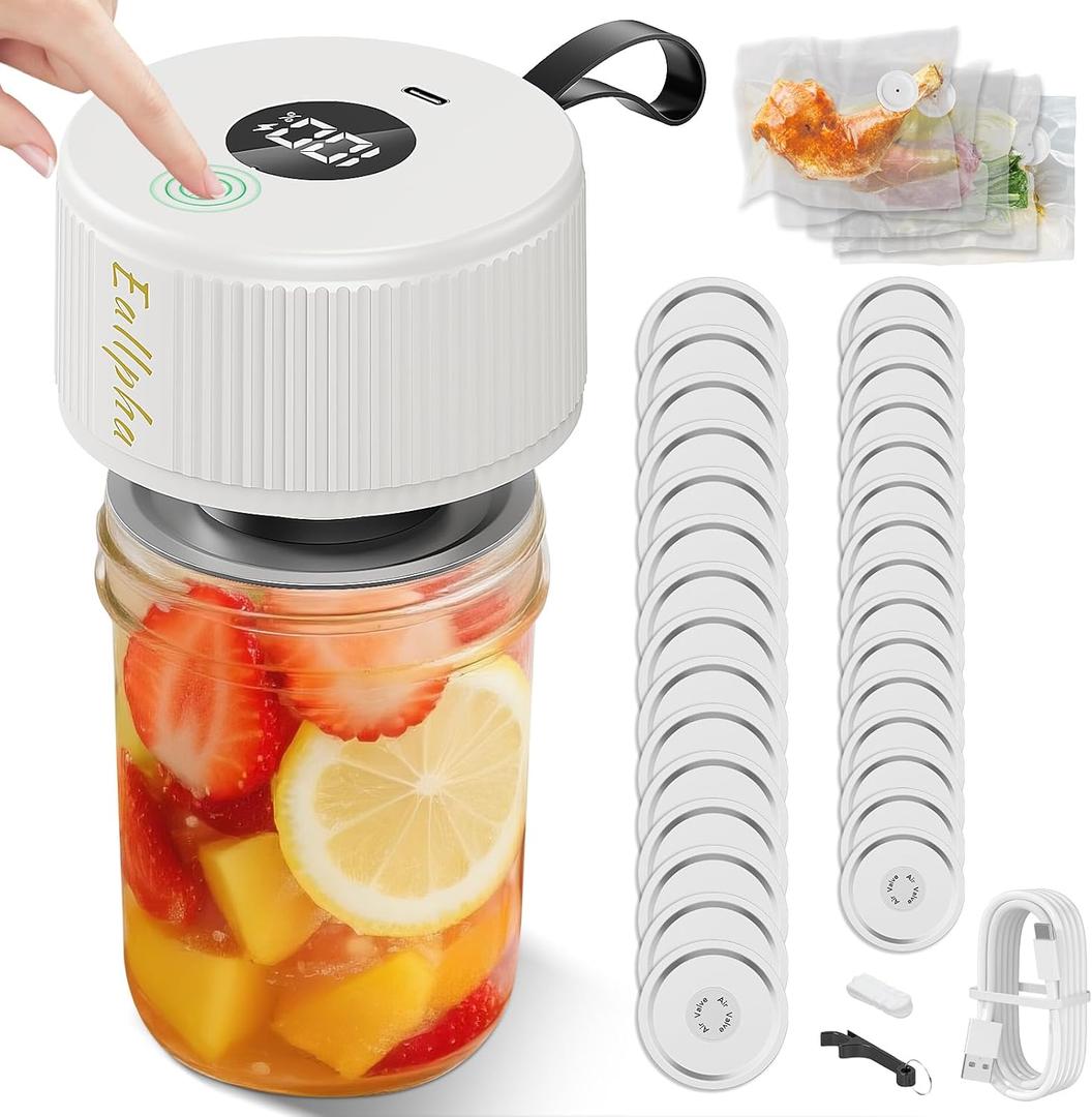 Electric Mason Jar Vacuum Sealer Kit Automatic Jar Sealer for Wide & Regular Mouth Mason Jars, Food Storage Vacuum Sealer for Coffee Beans, Dry Food & Meal Prep Includes 30 Lids
