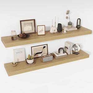 Acovy 55 Inch Floating Shelves, 12" Deep Floating Shelf Wall Mounted, 55" Wall Shelves, Rustic Deep Bookshelf, Extra Deeper & Thicker Display Shelves for Bedroom, Living Room, Oak, Set of 2, 12"Wx55"L-2pcs