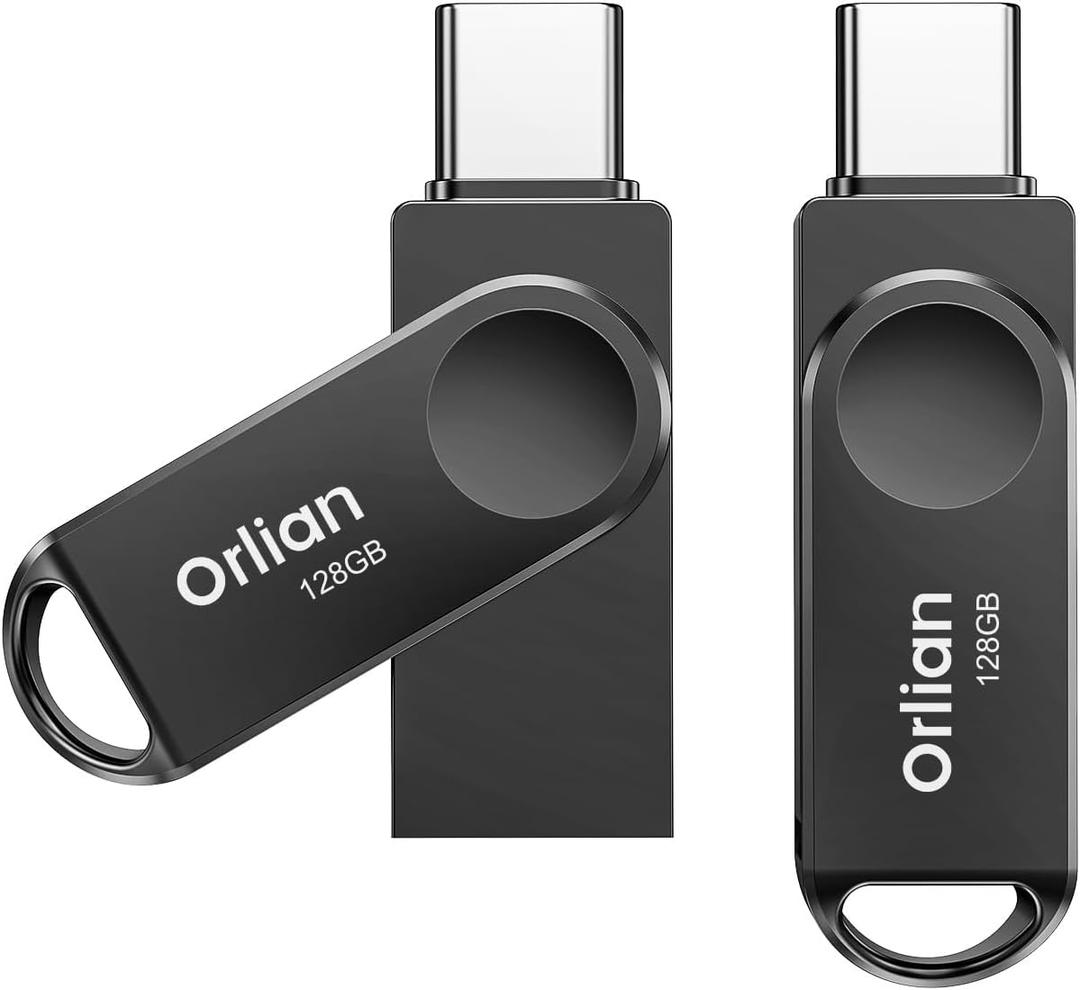 Orlian 2PCS 128GB USB C Flash Drive for Phone, Dual USB 3.0 Phone Thumb Drive Type-C & USB-A, up to 110MB/S Metal Waterproof Swivel Memory Stick for iPhone 15/16/17, Android, Tablet, Computer PC