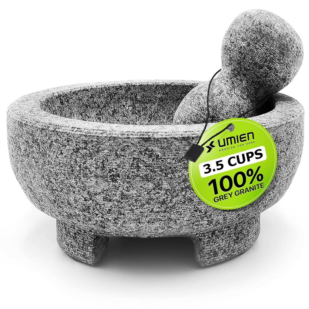 Umien Granite Mortar and Pestle Set - 100% Granite - 3.5-Cups - 8-Inch  Avocado Tool Included  Natural Stone Molcajete for Spices, Pestos, & Guacamole (Grey) - Stone Grinder - Guacamole