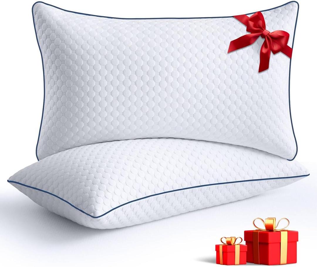 Cooling Standard Pillows Set of 2, Shredded Memory Foam Pillows Standard Size, Adjustable Firm Bed Pillows for Side Back Stomach Sleepers, Standard Pillow for Sleeping with Zip Washable Cover (White)