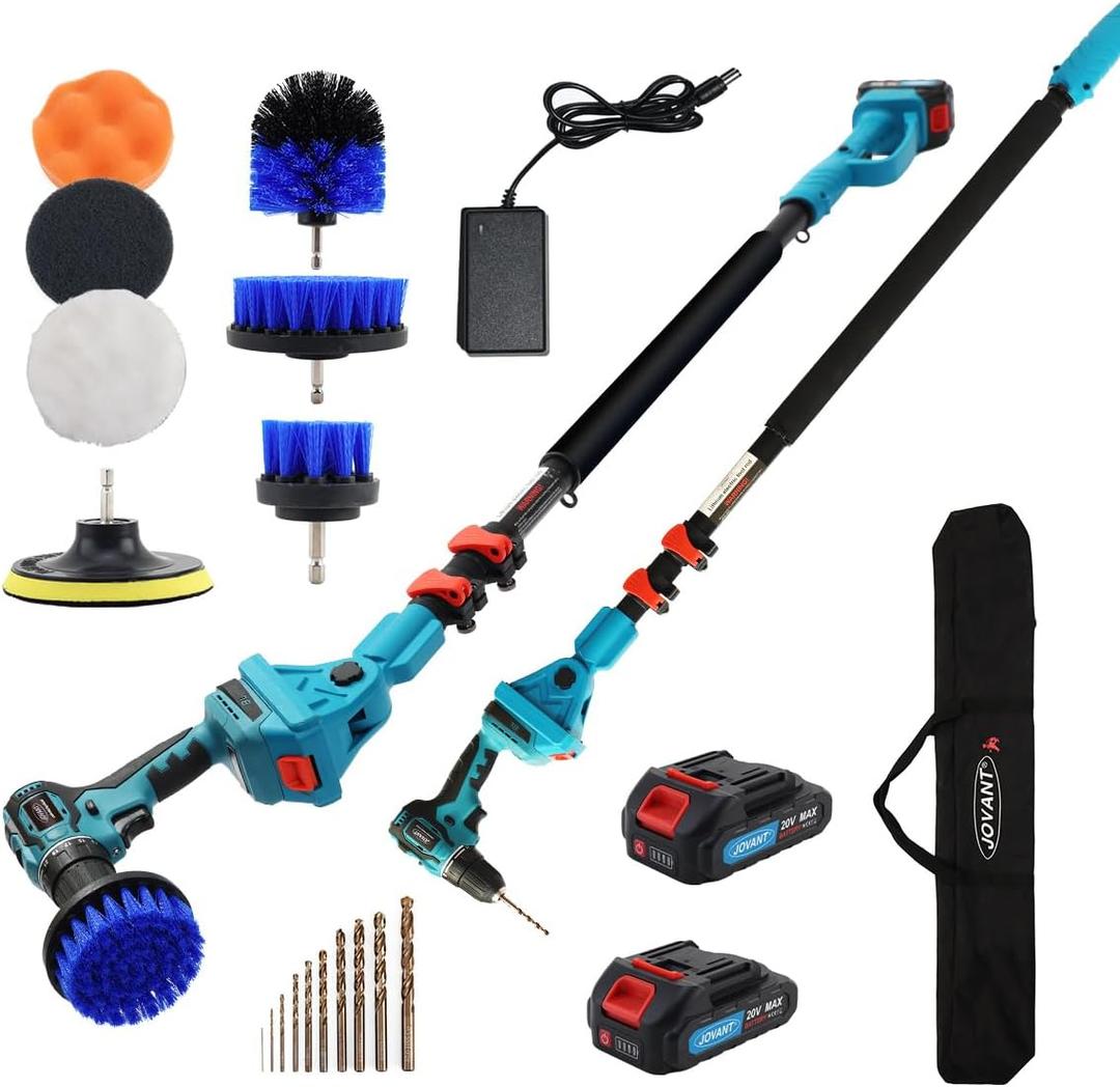 Cordless Telescoping Power Drill&Cleaning Tools with 2-Max 20V Batteries and 2.0A Charger 2-in-1 Cordless Pole Drill and Cleaning Brush from 5.3 to 15ft&Head Pivots 180° Telescoping Pole