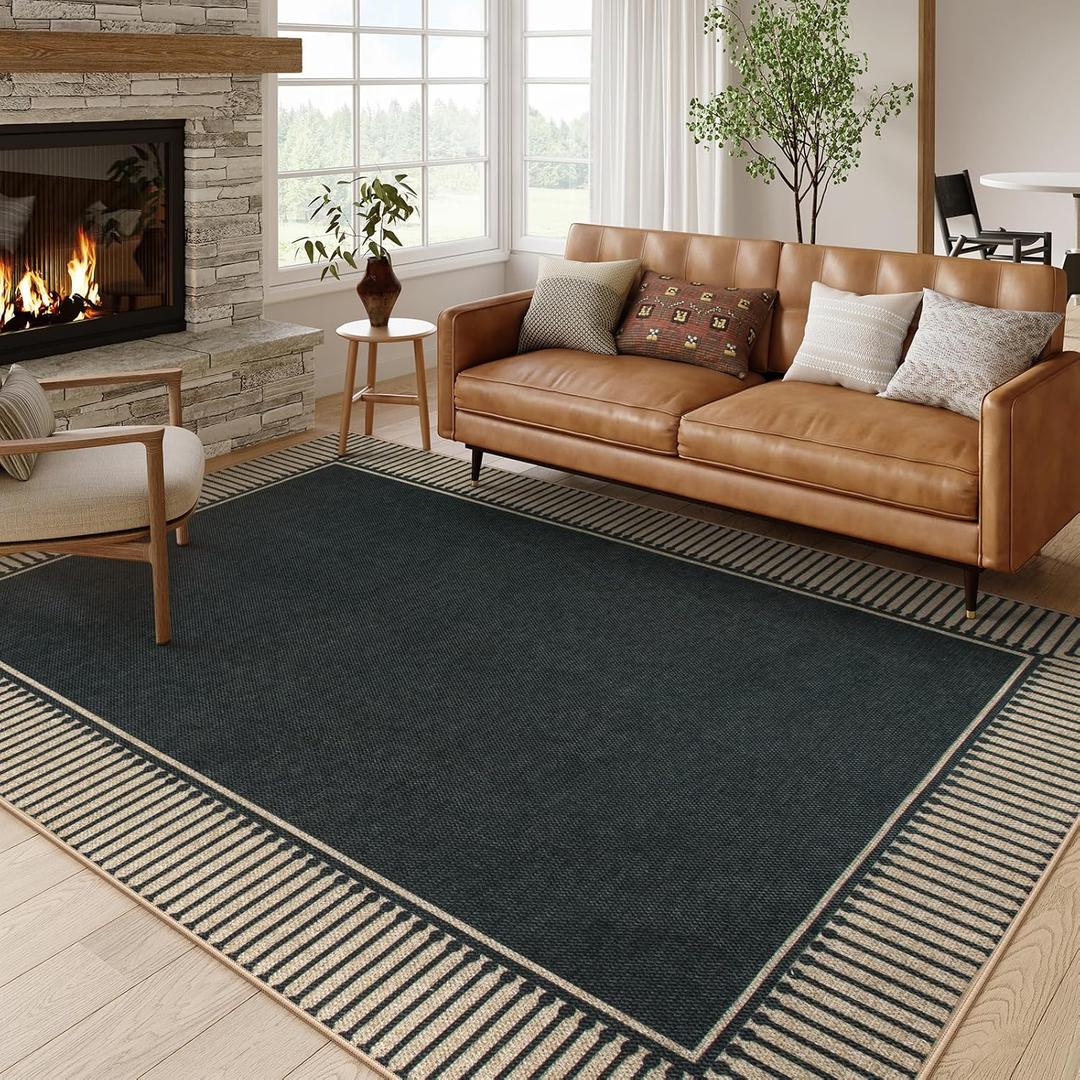 Moynesa Striped Border Easy Jute Outdoor Rug 8x10, Washable Indoor Outdoor Patio Area Rugs for Living Room Non Slip, Modern Classic Farmhouse Carpet for Dining Room Table, Black