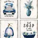 Funny Wall Art Poster, Blue Bathroom Decor, Navy Flowers Pictures, Rustic Vintage Country Farmhouse Decor (Set Of 4 8x10 In No Frame)