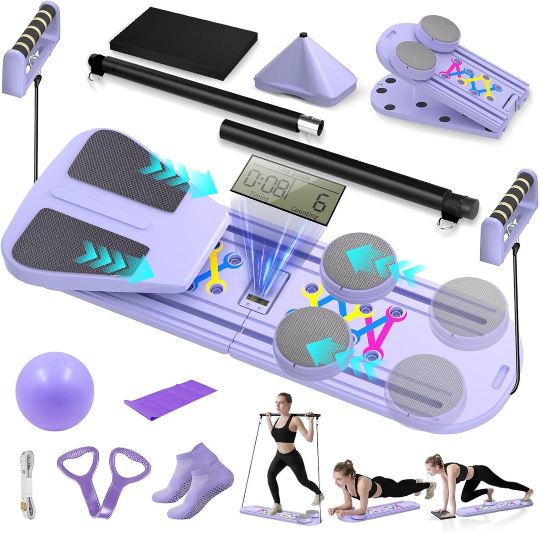 Pilates Board, Foldable Pilates Reformer Set for Home Workout with Timer, 6-in-1 Multifunctional Portable Reformer Pilates Machine at Home Pilates Equipment for Fitness, Exercise, Abs, Core Training