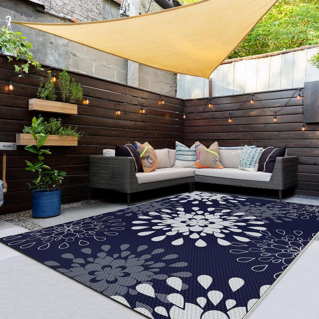 Wallona Outdoor Rugs 9x12 ft Patio Waterproof Clearance Indoor Outdoor Large Carpet for Patio Plastic Straw Reversible Area Rugs Mat for RV, Camping, Balcony, Beach, Picnic, Porch, Flower Blue & White
