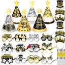 DPKOW New Years Eve Party Supplies 2026 Glasses New Years Eve Party Hats Headbands, Black Gold Silver Paper Glasses NYE Cone Hats and Noise Makers, NYE Decorations Photo Booth Accessories Kit, 36pcs