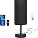 Black Touch Nightstand Lamps for Girl - Small Bedside Lamp with USB-C and USB Charging Ports, 3 Way Dimmable Control Table Lamp for Living Room Office, Dorm, Reading with Fabric Shade Black Base (14in)