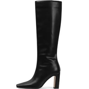 Lovee Cosee Black Leather Boots for Women Knee High Tall Boots for Women Square Toe Chunky Heels Wide Calf Block Heeled Dress Sexy Fashion Trendy Fall Wintern Shoes, Size 7