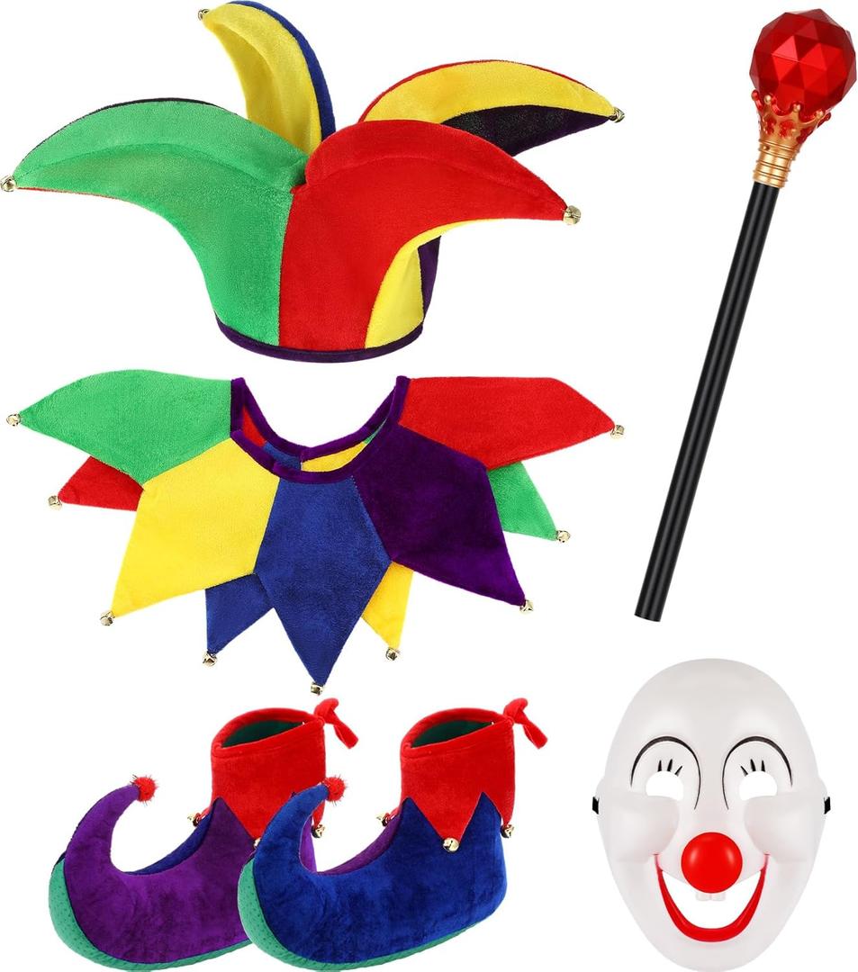 6 Pcs Halloween Jester Costume Includes Hat Collar Wand Mardi Gras Shoes Clown Costume Mask Joker Clown Outfit Funny Cosplay Accessory for Adult Men Women Circus Movie Party Masquerade