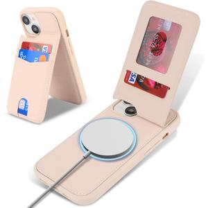 case for iPhone 15 magsafe Wallet Compatible with Card Holder Back Credit Slots PU Leather Stand Shockproof Phone Cover for Women and Men-Off-White