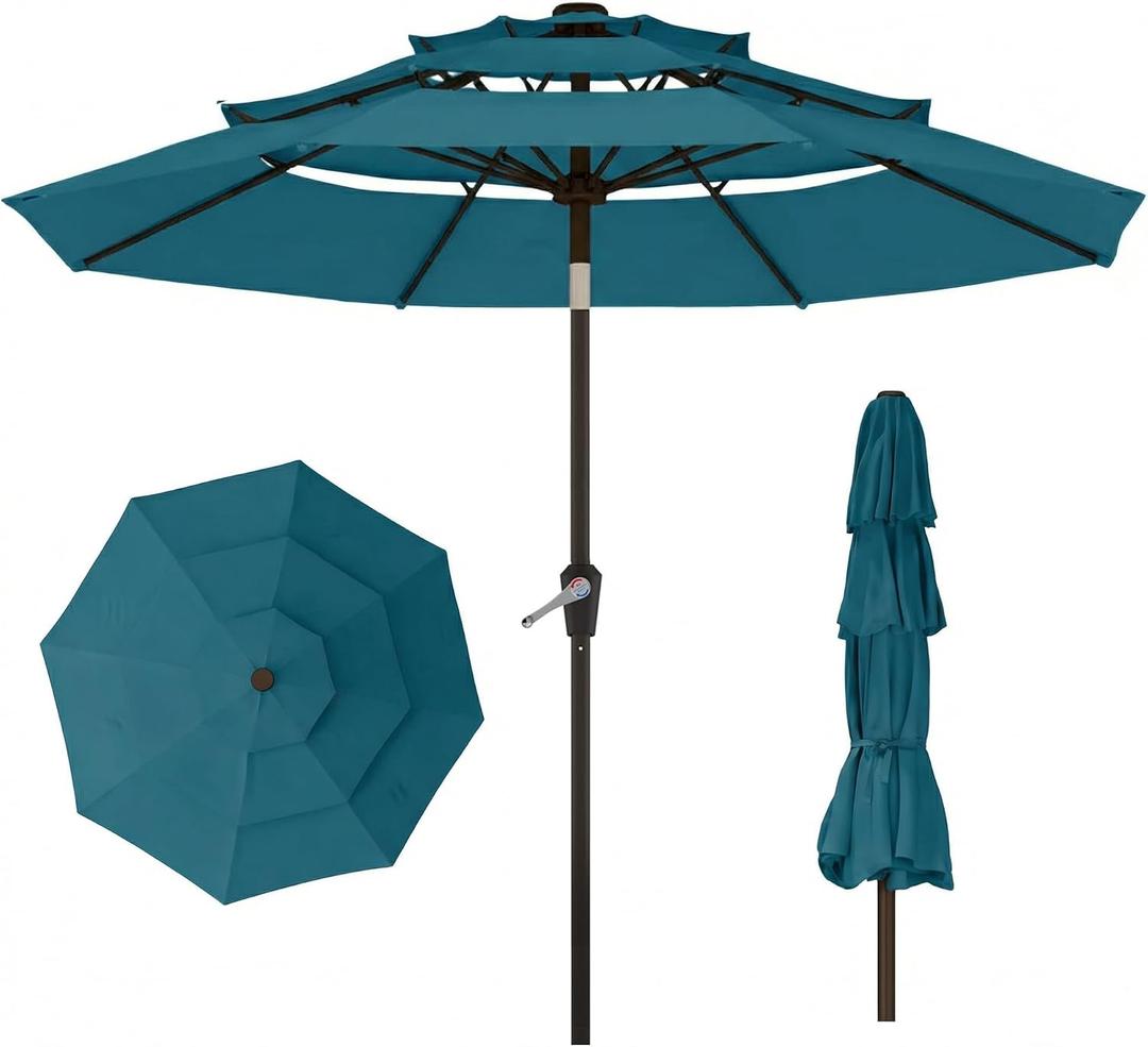 10ft 3 Tier Patio Umbrella, Outdoor Market Table Umbrella with UPF 50+ Vented Canopy, 8 Sturdy Ribs, Easy Push Button Tilt and Crank, Windproof for Deck, Pool, Backyard and Garden