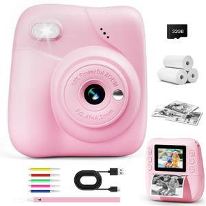 Kids Camera Instant Print, 1080P HD Kids Instant Camera with 32G Card & 3 Rolls Print Paper, Portable Toddler Toy, Christmas Birthday Gifts for Boys Girls Age 3-12 (Pink)