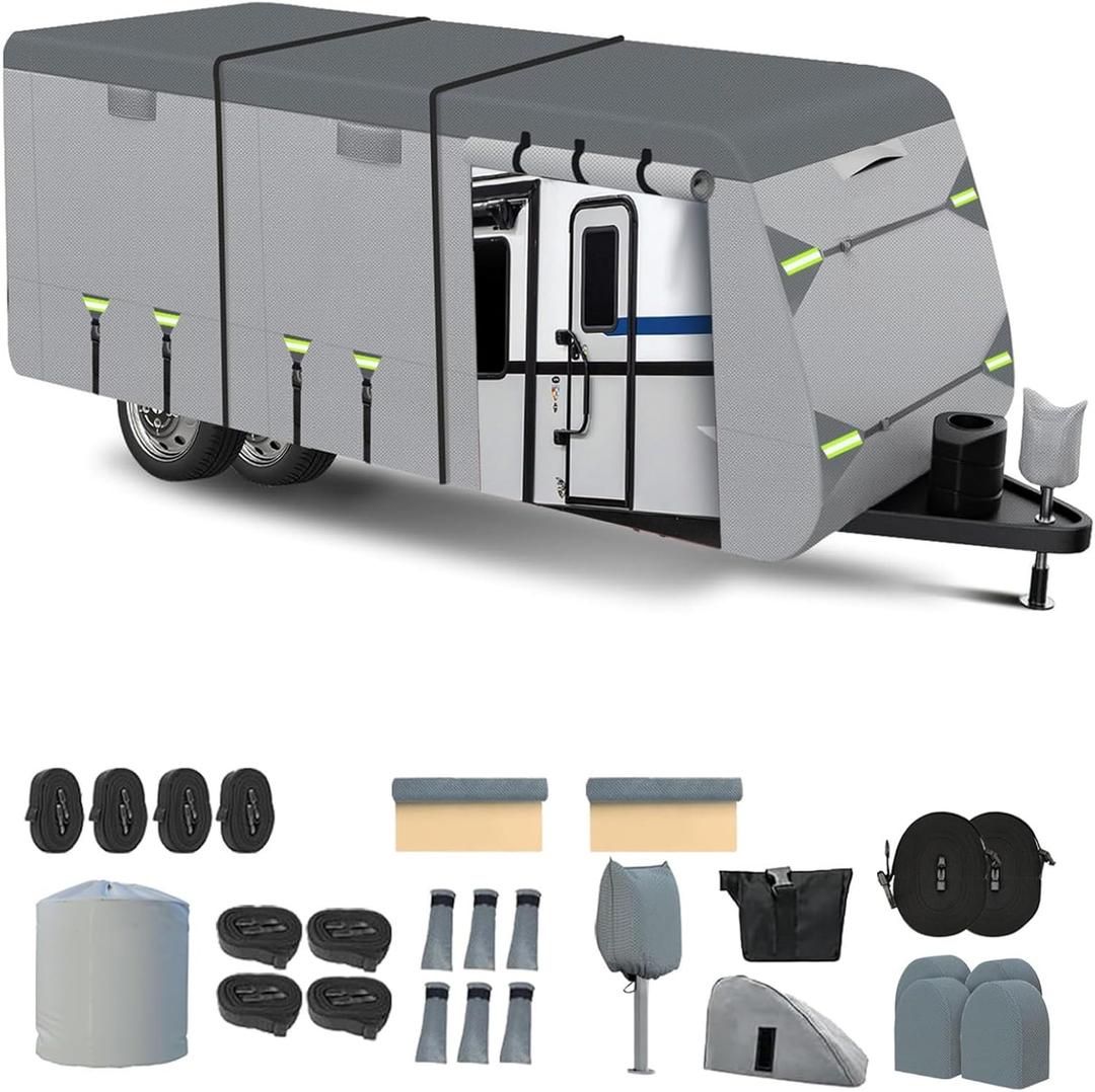 Windproof RV Cover for 20'-22' Travel Trailer, Upgraded 8 Layers Top UV Resistant Waterproof Camper Cover with 4 Tire Covers & Tongue Jack Cover, Extra Windproof Ropes