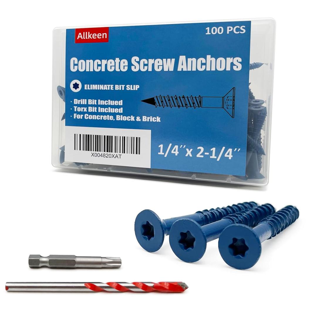 1/4" x 2-1/4" Concrete Screws, Anchoring to Masonry, Brick, Block, Cement or Stucco, 100PCS