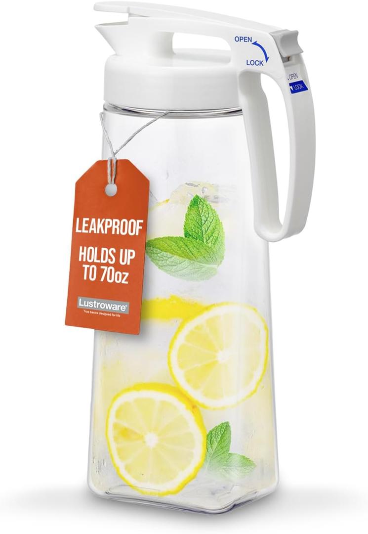 Lustroware QuickServe Airtight Pitcher - 2.1L (70oz), Heat Resistant, BPA-Free SAN Plastic, One Touch Open & Close, Space-Saving, Made in Japan - White