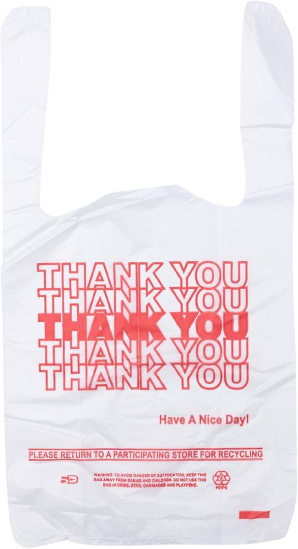 Small Economy "Thank You" T-Shirt Bags - 1/12 BBL - 7"X3.5"X13" - 1000 Bags Bulk - 13 Mic - White - For Retail, Groceries, Merchandise, Convenience Store, Supermarket, Restaurant