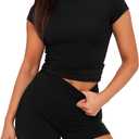 SAMPEEL Womens Two Piece Lounge Sets Casual Summer Outfits 2 Piece Short Matching Clothing Set (Large, Black)