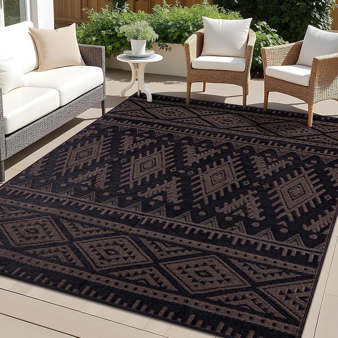 OLANLY Outdoor Rug Waterproof 10x14 ft, Reversible Outdoor Plastic Straw Rug, Boho Patio Rug, Indoor Outdoor Carpet, RV Mat Outside for Patio, Camp, Picnic, Balcony, Deck, Backyard, Black & Brown