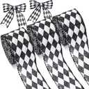 3 Rolls 30 Yard 2 Inch Christmas Black White Harlequin Ribbon Checkered Wired Ribbon Decorative for Xmas Fall Tree Wrapping Wreath Bouquet Crafts (Glitter Style)