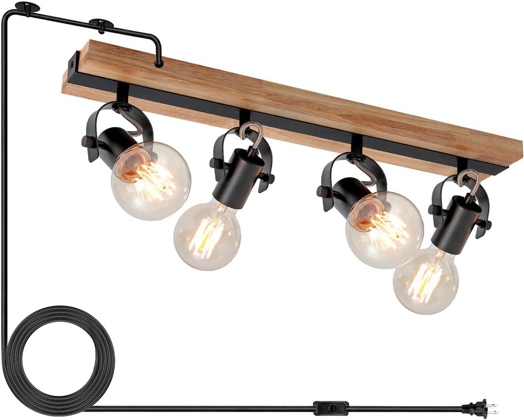 4-Light Plug in Ceiling Light Fixture, Farmhouse Wood Track Lighting with Adjustable E26 Heads, Kitchen Ceiling Light for Dining Room, Bedroom, Hallway, Natural Wood, Bulbs Not Included