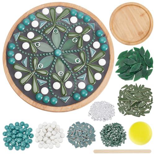 WEBEEDY DIY Ceramic Mosaic Kit Flower Mosaic Bamboo Coasters Kits for Adults Beginner Green Glass Mosaics Tiles with Bamboo Coaster Base for Handmade Mosaics Coaster Home Summer Decor