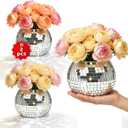 2 Pcs Disco Ball Vases,6" X 6.7" Disco Ball Centerpieces Decor,Silver Mirror Plastic Vase Disco Ball Planter for Wedding,Birthday,Office Table Decorations