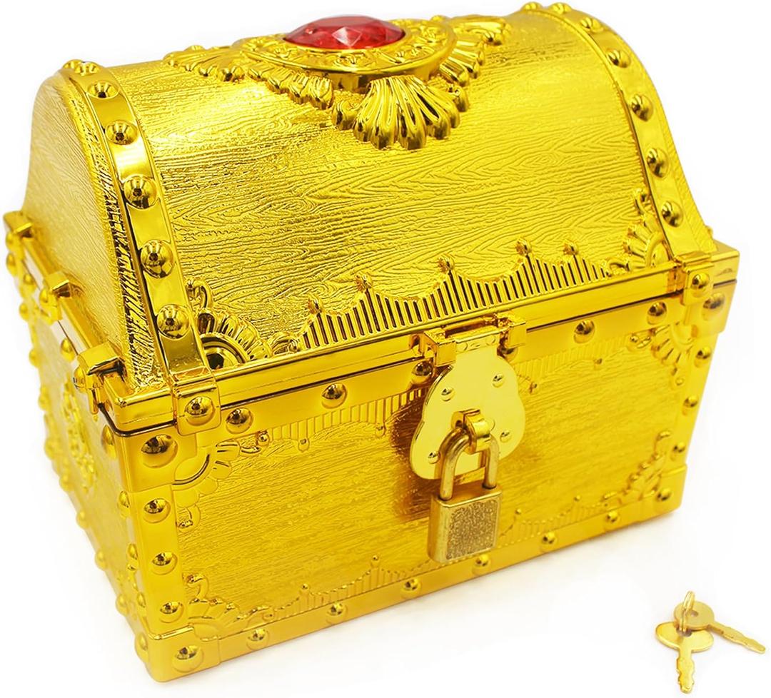 Kids Pirate Treasure Chest Large Size Storage Box, Gem-encrusted Gold Decorative Chest with Lock and Key for Kids Birthday, Halloween, Christmas Pirate Party Favors