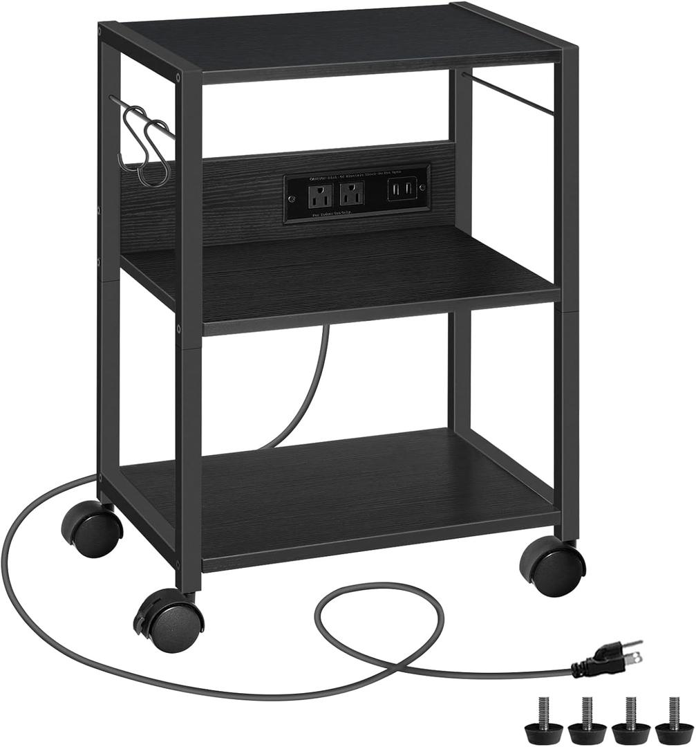 Industrial Printer Cart, 3-Tier Mobile Printer Stand, Rolling Cart with Power Outlets and USB Ports, Home Printer Stand with 2 Hooks, for Office, Living Room, Black PTHB40E01