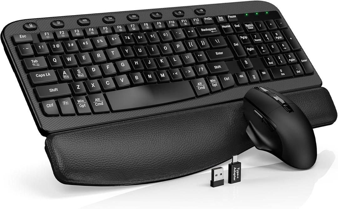 Wireless Keyboard and Mouse Combo  Ergonomic Wave Key, Built-in Leather Soft Palm Rest, 2.4G Full Size, 8 Hotkeys, 6-Button Mouse with 4-Level DPI, Dual USB-A/USB-C, Windows & macOS Compatible