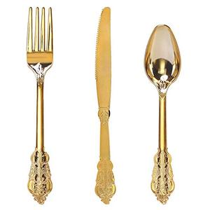 WDF 300 Pieces Gold Plastic Silverware Disposable - Heavy Duty Plastic Cutlery - Gold Silverware Sets Includes 100 Forks, 100 Spoons, 100 Knives for Baby Shower Wedding Spring