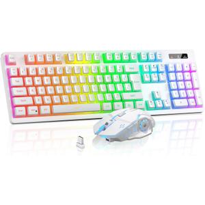 Wireless Gaming Keyboard and Mouse Combo - RGB Backlit, Rechargeable, Ergonomic, for Gaming Work, Long-Lasting Built-in Battery (White)