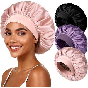 Yanideer 3 Pcs Satin Bonnet for Sleeping Double Layer Hair Bonnets for Women with Elastic Band (One size, blackpinkpurple)