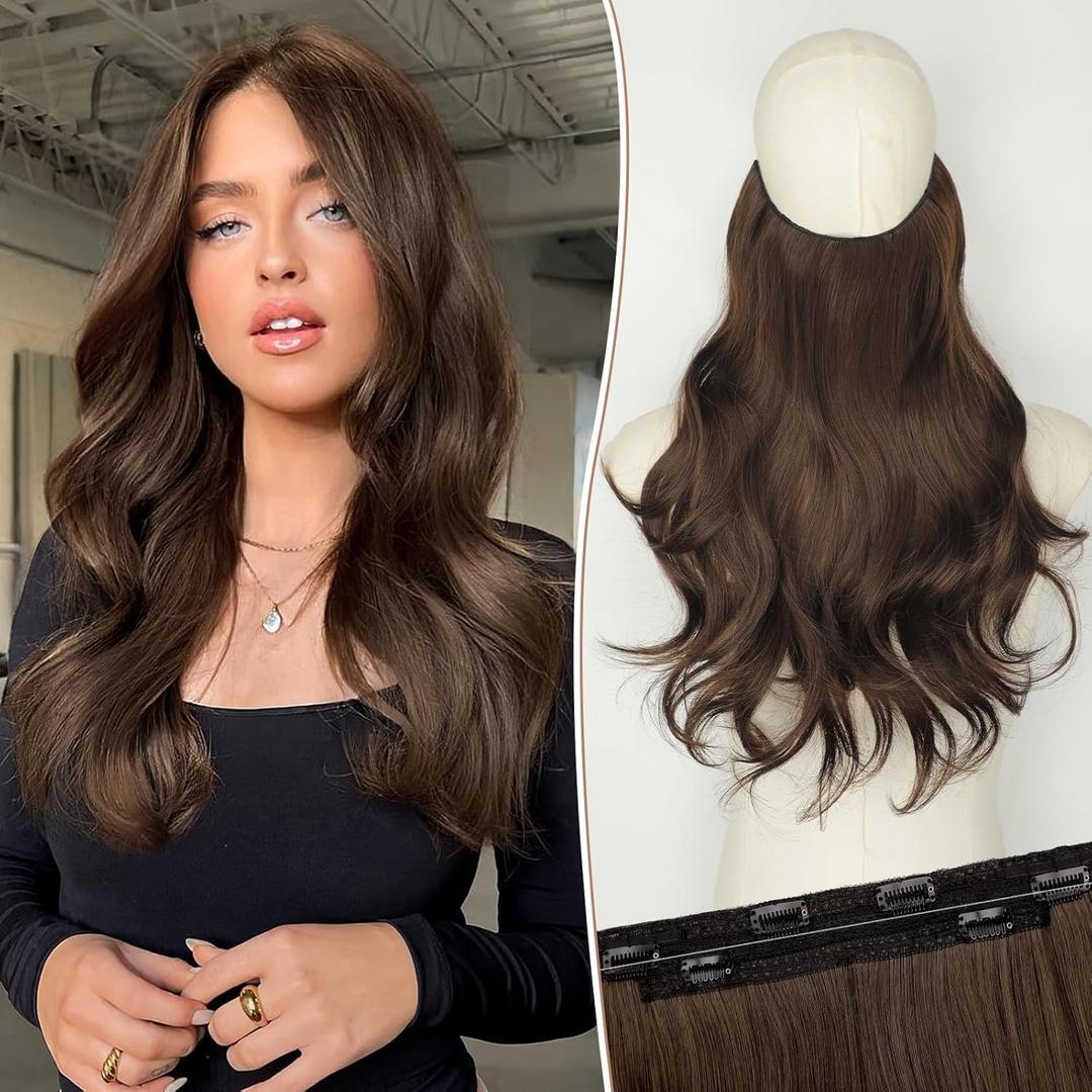 KooKaStyle Invisible Wire Hair Extensions Long Straight Layered Synthetic with Transparent Wire Adjustable Size 6 Secure Clips Hairpieces for Women 16 Inch (16Inch, Medium Brown6/10#)