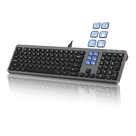 Wired Keyboard with 60 Programmable Keys for Windows, Customizable LCD Shortcuts, Silent Typing, USB-A, Number Pad, Minimalist Backlighting, Magnetic Stand, for Graphic Design, Adobe, MS Office-Grey