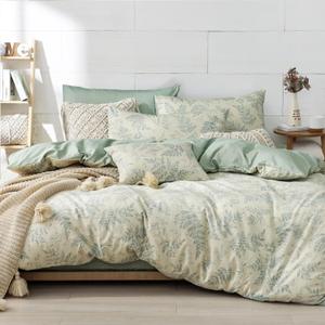 LEMIROE Botanical Cotton Comforter King Size - Dusty Green Comforter Printed with Luxurious Greyish-Green Ferns on Beige,Reversible Lightweight Bedding Sets 3Pcs (104"90")