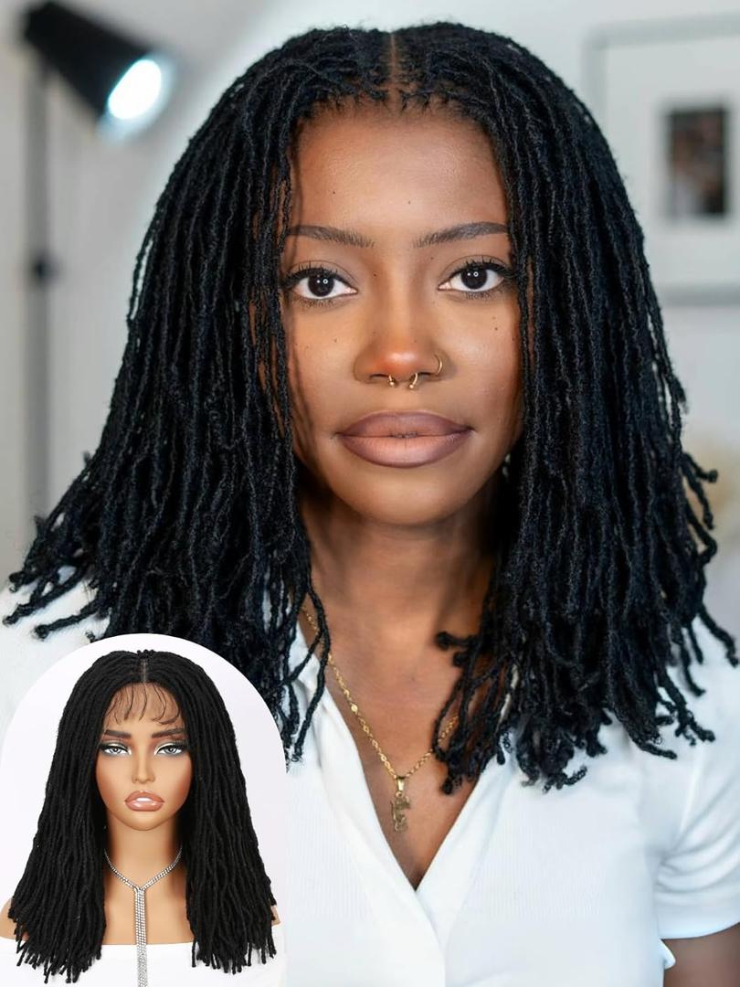 Full Lace Short Faux Locs Wig with Baby Hair Pre Plucked Knotless Square Part Straight Pencil Size Dreadlock Soft Locs Full Double Lace Wig for Black Women Natural Hairstyle (14)