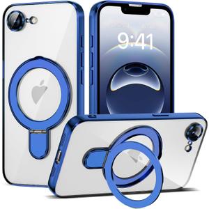 Compatible with iPhone 17E/16E Case with Invisible Magnetic Ring Stand [Compatible with Mag-Safe] [Full Camera Lens Protector] Plating Clear Phone Case for iPhone 17E/16E 6.1", Blue