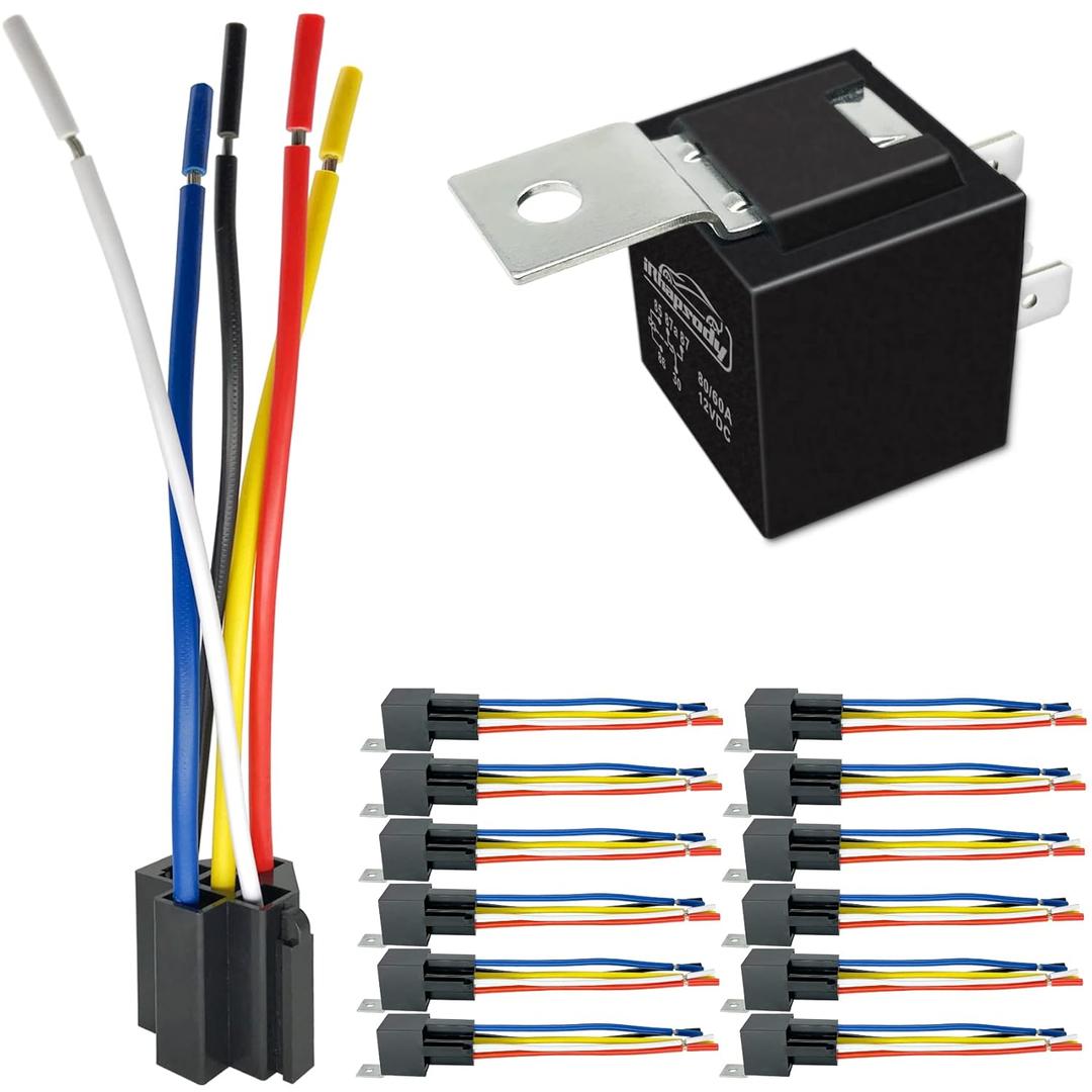 80/60Amp 12V 5-pin Relay Kit, SPDT 12-Volt Automotive Relay with Heavy-Duty Pigtail, 12-Pack